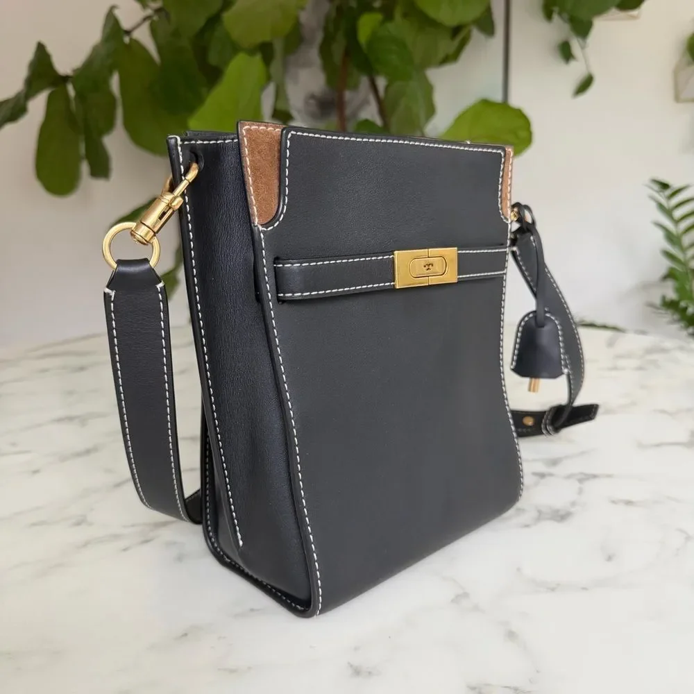 Tory Burch LEE RADZIWILL DOUBLE BUCKET BAG Black Leather Crossbody Shoulder